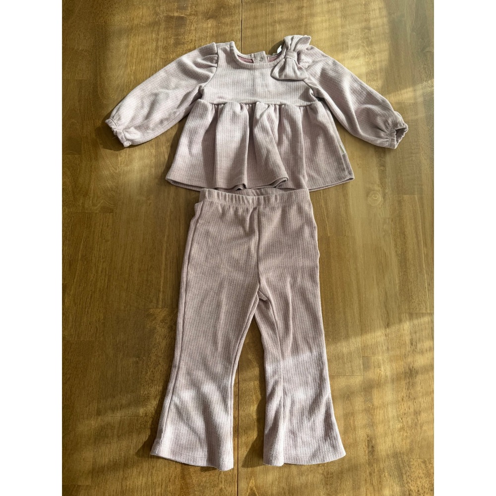 Tahari Baby Girls 18M Mauve Ribbed Knit Peplum Top and Flare Pants Set
